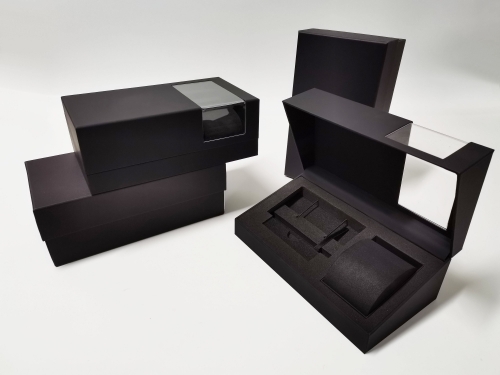 FSC Transparent acrylic black Soft touch paper EVA Inner tray strap set case Watch boxes